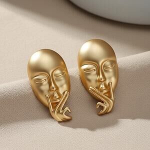Abstract Gold Hand Face Earrings Mask Surreal Statement Modernist Museum Art VTG